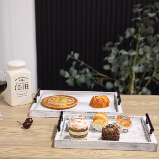 손잡이가 있는 나무 식기 둥근 사각형 커피 서빙 트레이 나무 홀더 트레이 2개 세트